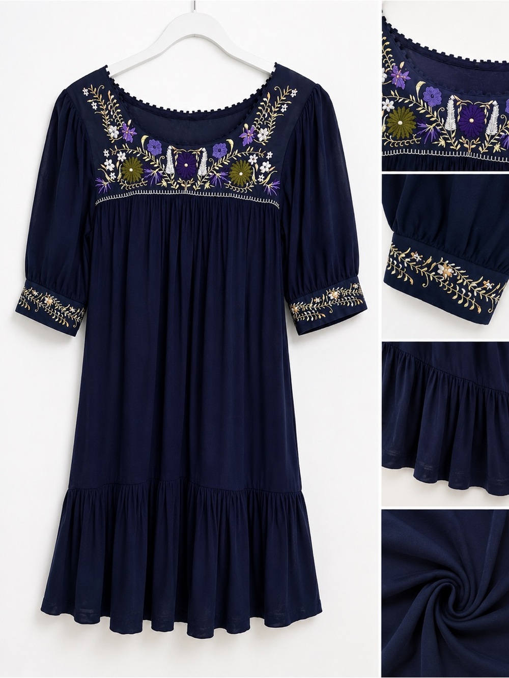 Angie Navy Embroidered Boho Dress Cottagecore Prairie Western Chic Medium Dress